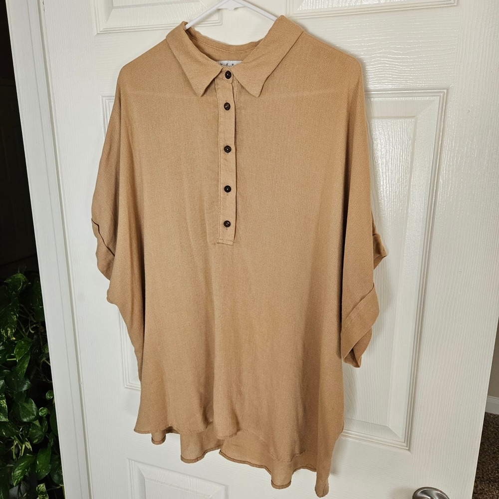 HYFVE Tan Button Down Shirt Dolman Short Sleeve High Low Top Large